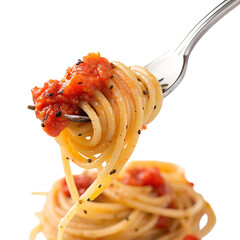 Spaghetti with tomato sauce on fork isolated on transparent background