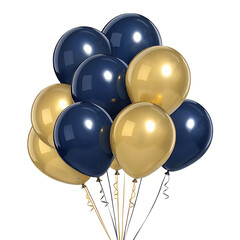 Gold and navy blue balloons bunch isolated on transparent background