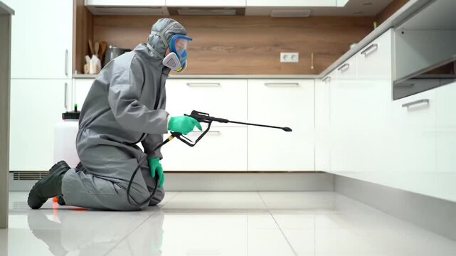 Pest Control Technician in Protective Suit Spraying in Modern Kitchen