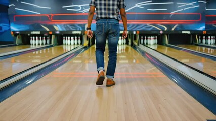 Bowler prepares for a strike at local bowling alley in the evening