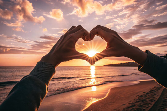 Sunset heart shape hands beach love ocean