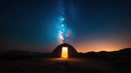 A stone dome illuminated from within stands against a breathtaking night sky filled with stars, evoking feelings of wonder and exploration in the universe.