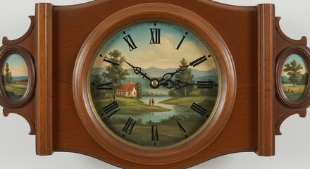 Antique Wooden Wall Clock with Scenic Dial and Painted Panels