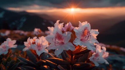 A close-up of stunning white flowers illuminated by a warm sunset, creating a captivating play of light and shadows that accentuates the beauty of nature.