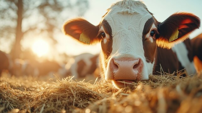 A serene image of a cow resting in hay at sunrise brings a sense of peace and connection to nature, highlighting the beauty of farm life and tranquility. - Powered by Adobe