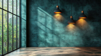 Dark green wall with lit candles and black pendant lights, left side empty 