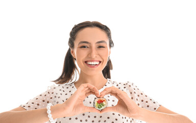 Happy young woman with maki roll isolated on white