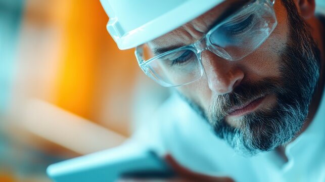 A close-up of a focused engineer wearing safety gear and glasses, reviewing information on a smartphone, showcasing dedication and modern technology in industrial settings.