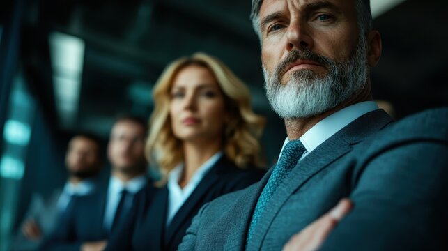 A serious business team is captured in a modern conference room, displaying professionalism and focus, embodying success, teamwork, and strategic discussions in business.