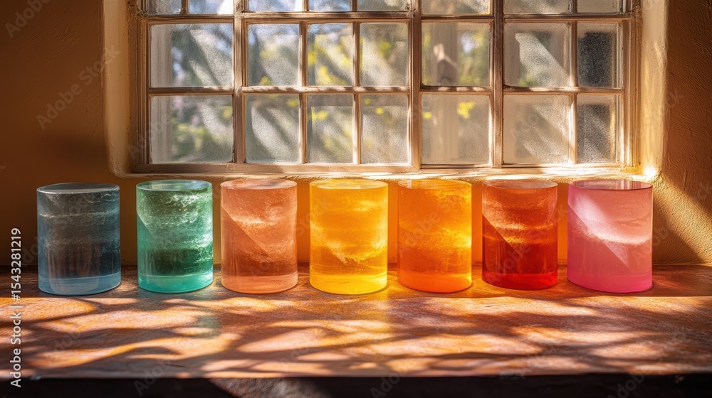Poster row of colorful glass art cylinders illuminated by window light creating abstract shadows on wooden 