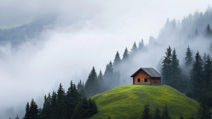 A solitary wooden cabin sits atop a lush green hill surrounded by dense pine trees, with mist rolling over a forested mountainous landscape.