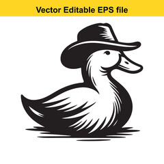 Duck Wearing a Cowboy Hat an Emblem of the American West and Outdoors Black and White Vector Graphic Illustration