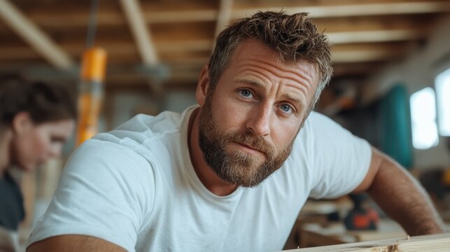 A focused handsome bearded man engages in woodworking in a cozy workshop, showcasing craftsmanship and dedication while surrounded by tools and materials for creative projects.