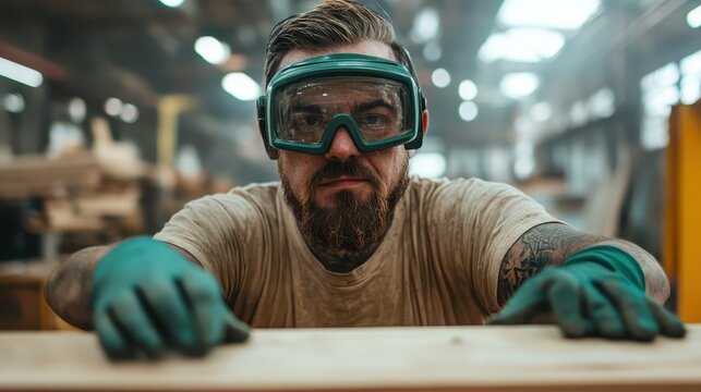 A dedicated worker clad in safety gear, including goggles and gloves, intensely focused in a workshop environment, showcasing meticulous craftsmanship and attention to detail.