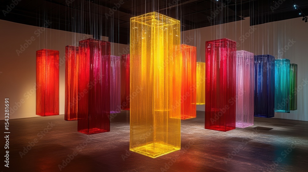 Poster vibrant spectrum of hanging translucent rectangular prisms creating a dynamic exhibition experience