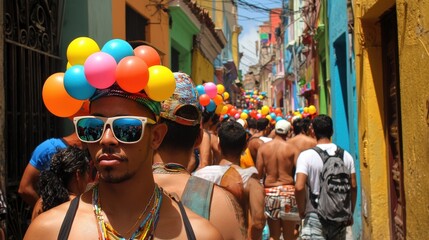 A man wearing a colorful headband and sunglasses stands in a crowded street.
