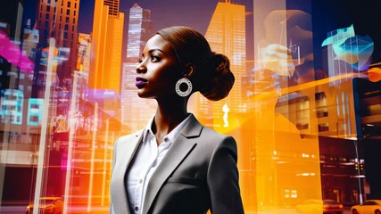 Confident businesswoman in futuristic cityscape with digital interface overlays and glowing charts. - Powered by Adobe