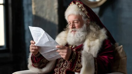 Santa Claus reading a letter, dressed in a red and white fur coat with gold trim, holding a piece of paper in his hand. Wishlist - Powered by Adobe