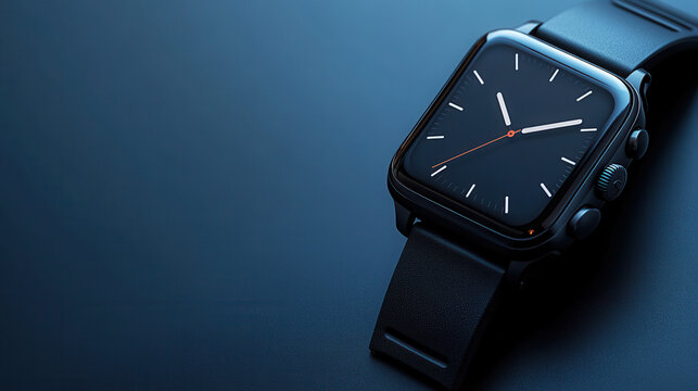 Isometric view of black smartwatch on navy blue background, bottom half empty for text placement