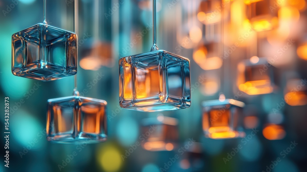 Poster crystal cubes hanging in serene ambient light reflecting warm and cool tones in ethereal bokeh backg
