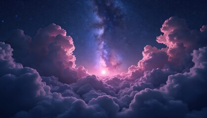 Night clouds. Starry nebula glows above dark clouds. Violet hues, cosmic space, galaxy, astral. Dreamy landscape, heaven, fantasy, peaceful, relaxing scene. Serene, calm, mystic, magic, light.