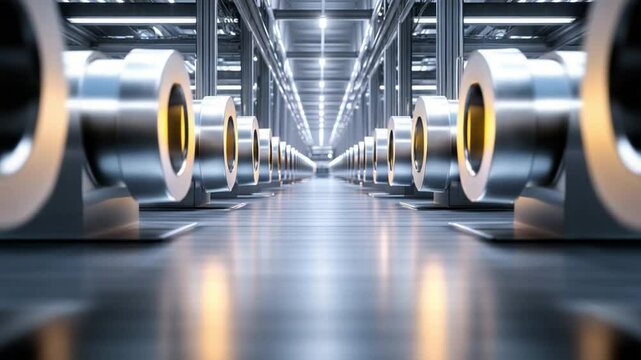 Industrial Metal Coils: Rows of gleaming metal coils stretch into the distance in a modern industrial warehouse, a striking image of manufacturing and storage.