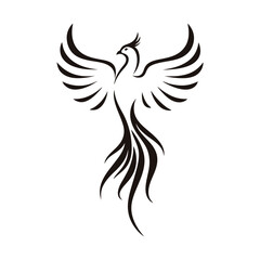 Phoenix firebird logo in abstract vector design with strong wings, modern symbolic tattoo style for branding, creative identity, apparel or luxury label

