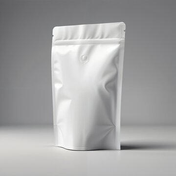 A close up shot of a plain white stand up pouch with a zip lock on a neutral background surface