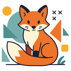 Fototapeta premium A cute orange fox with a white belly sits on a light background, surrounded by geometric shapes and a sun, perfect for kids' designs or playful artwork.