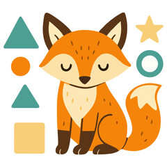 A cute orange fox with a white belly sits on a light background, surrounded by geometric shapes and a sun, perfect for kids' designs or playful artwork.