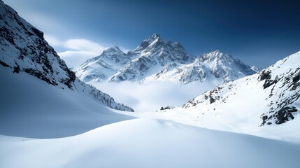 Snow-covered mountain peaks stand tall under a clear blue sky above a serene, snowy valley.