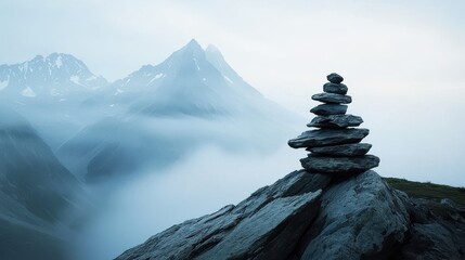 A serene mountain landscape with misty peaks and a balanced stack of smooth stones on a rocky surface.