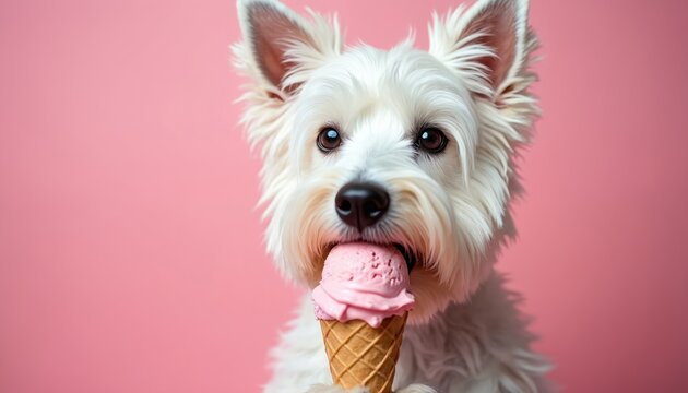West Highland White Terrier dog eats ice cream, pink background. White puppy enjoys sweet treat. Portrait of happy pet eating cold dessert. Summer fun, doggy joy, licking popsicle.
