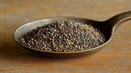 Small, dark seeds piled on an antique spoon