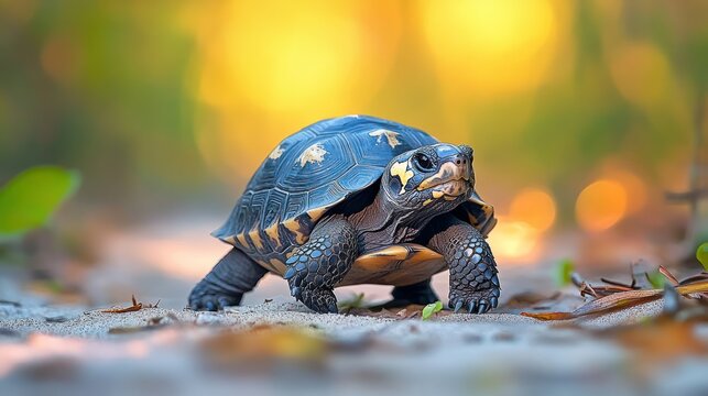 Small turtle walks on sandy ground