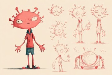 Character design sketches of a red alien boy.