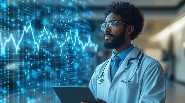 Focused medical professional analyzing digital health data analytics and healthcare technology for diagnosis