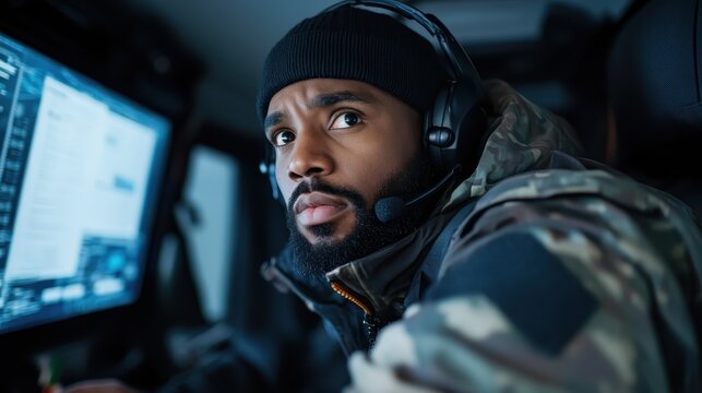 A serious man wearing a tactical jacket and headset looks intently at a computer screen inside a high-tech vehicle, showcasing determination and readiness for action.