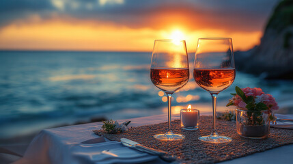Sunset elegant table setting on sandy beach with sea view, warm lighting on tableware and wine, calm sea and sky with empty space on left
