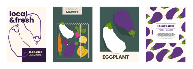Fototapeta premium Fresh eggplant illustration. Simple posters with vegetable for farmers market advertising. Vector templates with copyspace. Set of harvested aubergines in minimal hand drawn and flat style.