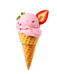 Pink strawberry ice cream scoop in waffle cone with fresh strawberry slice on top—colorful, sweet dessert image ideal for summer treats, dessert branding, and food promotions.