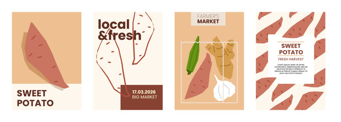 Fresh sweet potato illustration. Simple posters with root vegetable for farmers market. Vector templates with copyspace. Set of harvested salad vegetables in minimal hand drawn and flat style.