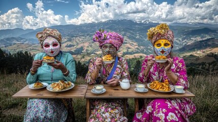 A group of women in colorful dresses and masks are enjoying a meal together in a scenic outdoor setting.