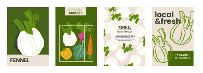 Fresh fennel illustration. Simple posters with root vegetable for farmers market advertising. Vector templates with copyspace. Set of harvested salad vegetables in minimal hand drawn and flat style.