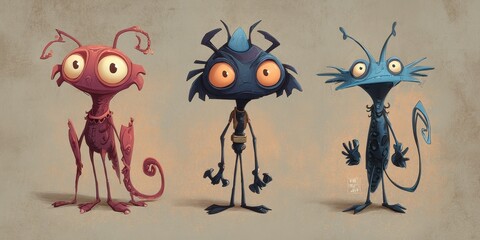 Three whimsical creature designs displayed against a neutral backdrop.