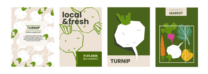 Fresh turnip illustration. Simple posters with root vegetable for farmers market advertising. Vector templates with copyspace. Set of harvested salad vegetables in minimal hand drawn and flat style.