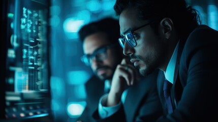 In this image, two well-dressed professionals engage in intense analysis, immersed in a high-tech environment displaying computer screens and dramatic lighting effects.