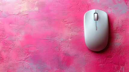 Top-down view of mouse and pad on pastel pink surface with empty left side for text placement 