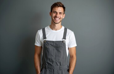 Portrait of young smiling pro worker wearing gray overalls white t-shirt on gray background. Caucasian man posing at camera. Repairman, builder, engineer, construction worker, mechanic, confident