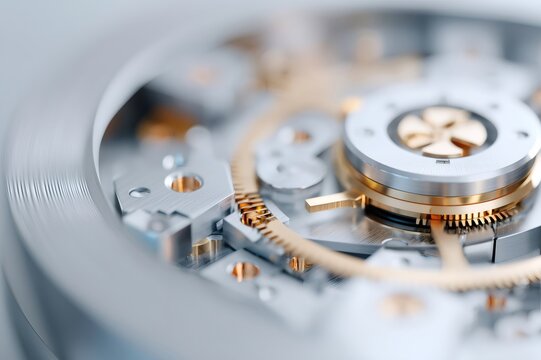 Close up of a luxury watch mechanism showcasing gears and precision engineering
